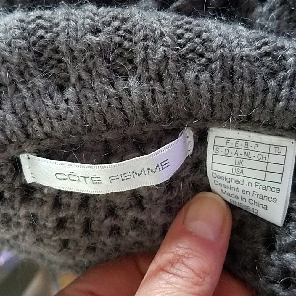 COTE Femme France Knit Asymmetrical Gray Mohair Blend Pancho Funnel Neck Collar